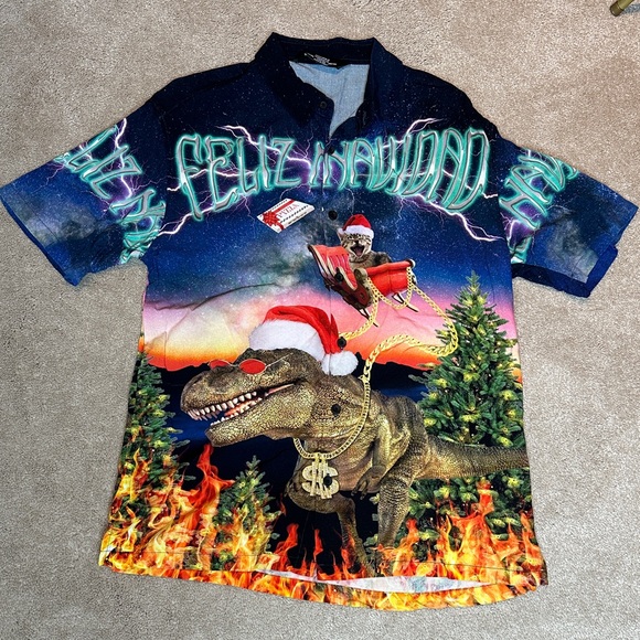 Christmas cat & dinosaur Hawaiian shirt - Picture 1 of 5